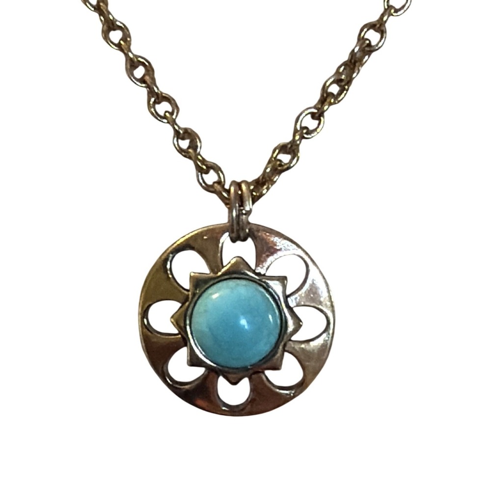 Gold Tone Turquoise Sunburst Pendant Necklace Boho Southwestern Link Chain 17.5"